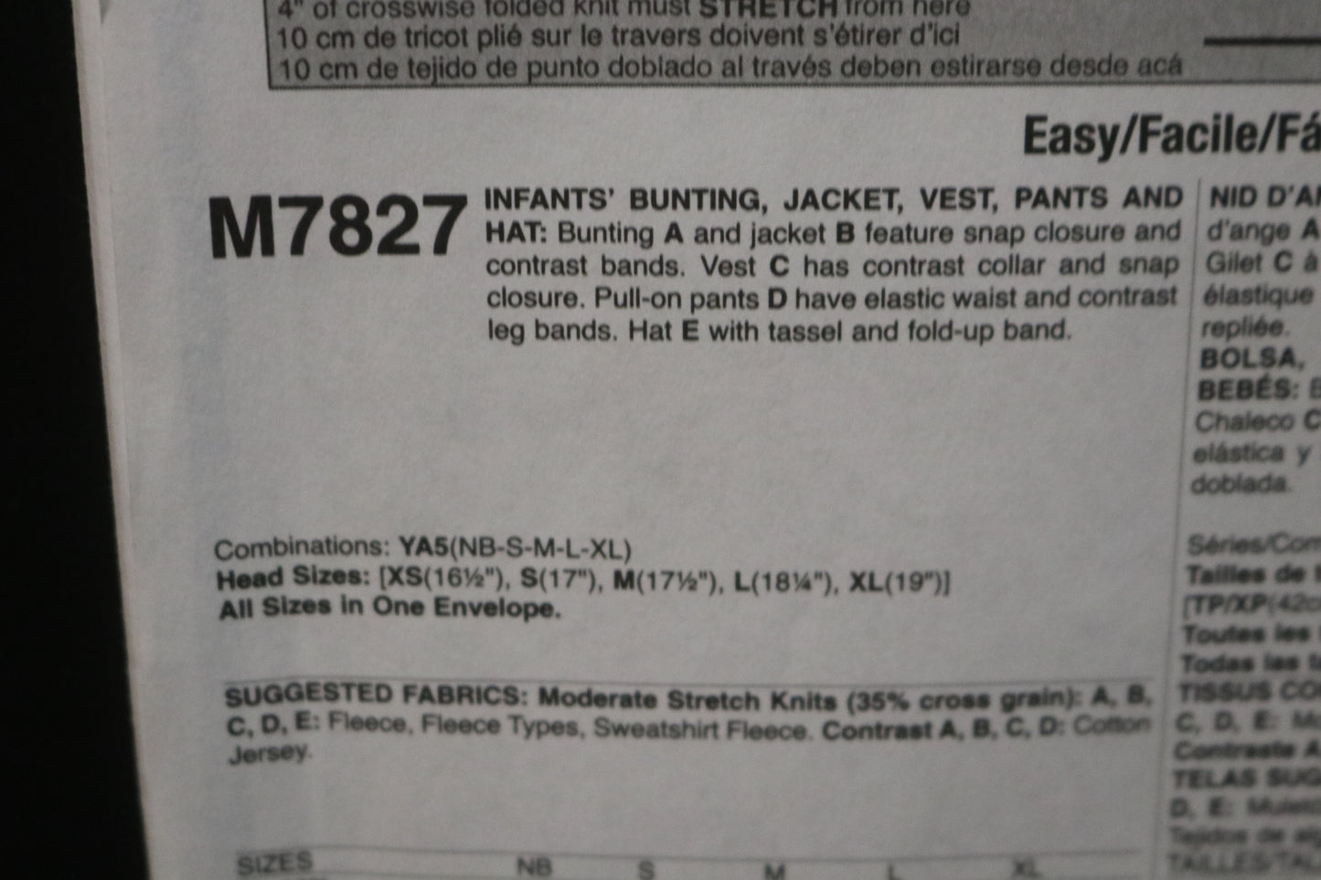 McCalls 7827 Infants Bunting, Jacket, Vest, Pants and Hat Sewing Pattern - UNCUT - Size NB Sml Med Lrg Xlg