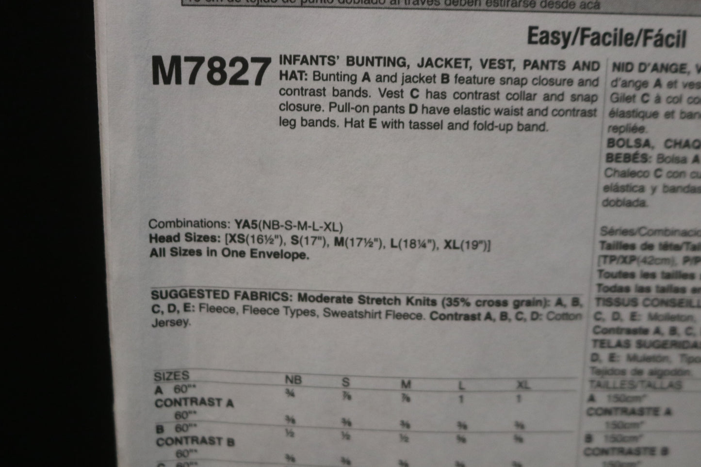 McCalls 7827 Infants Bunting, Jacket, Vest, Pants and Hat Sewing Pattern - UNCUT - Size NB Sml Med Lrg Xlg