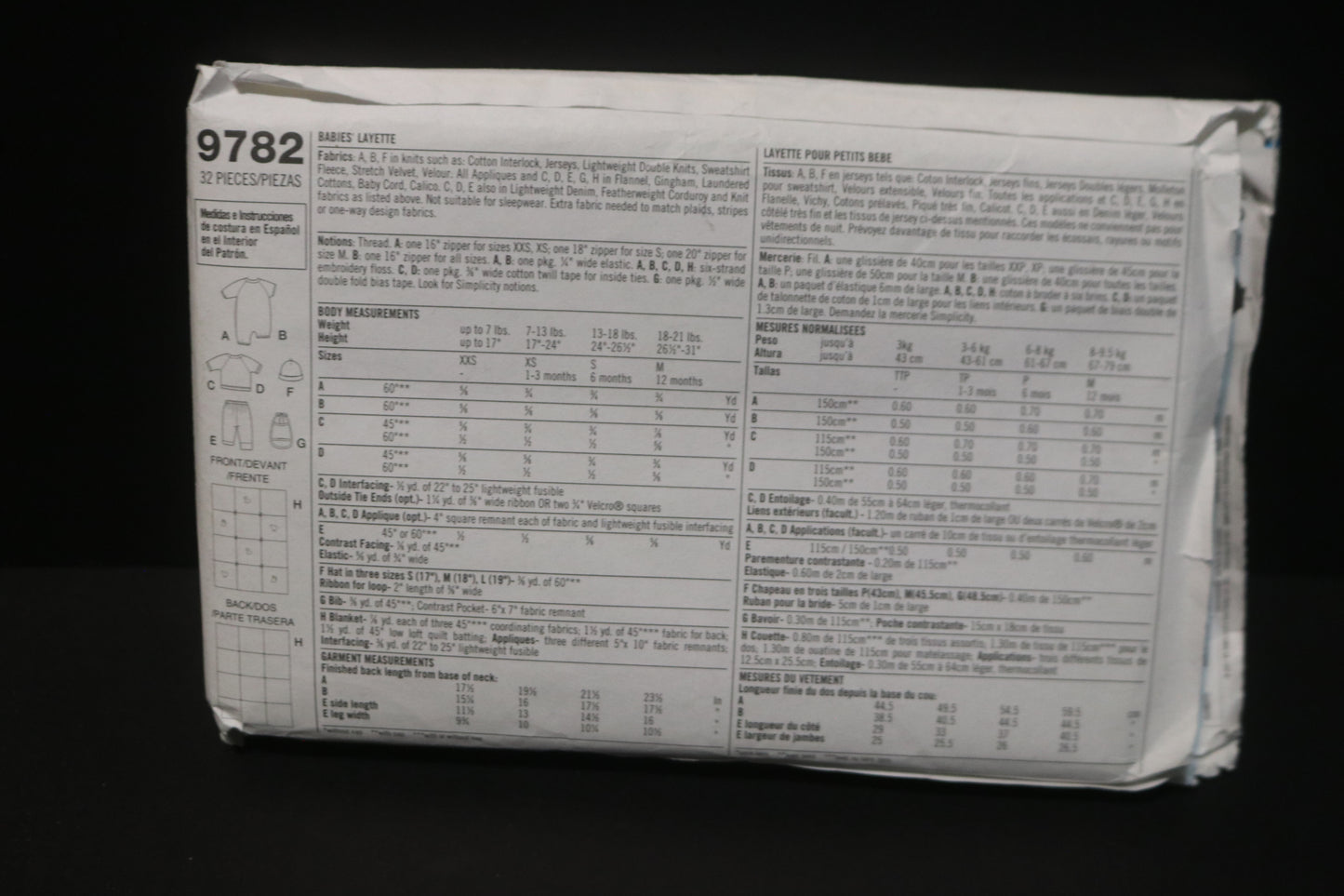 Simplicity 9782 Babies Layette Sewing Pattern - UNCUT - Size XXS XS S M