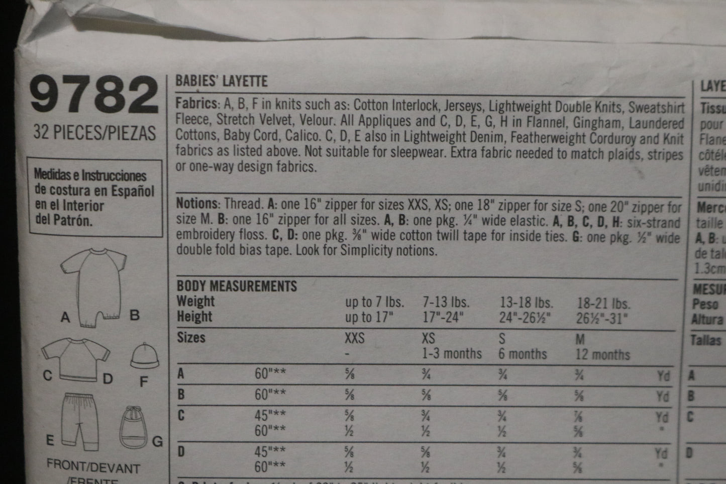 Simplicity 9782 Babies Layette Sewing Pattern - UNCUT - Size XXS XS S M