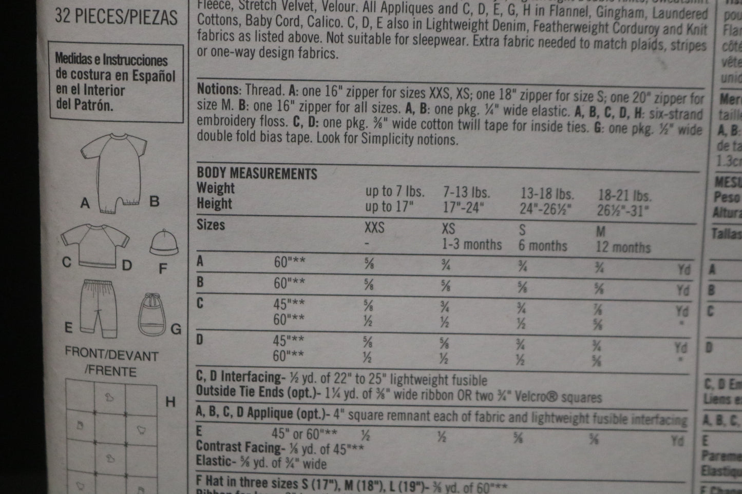 Simplicity 9782 Babies Layette Sewing Pattern - UNCUT - Size XXS XS S M