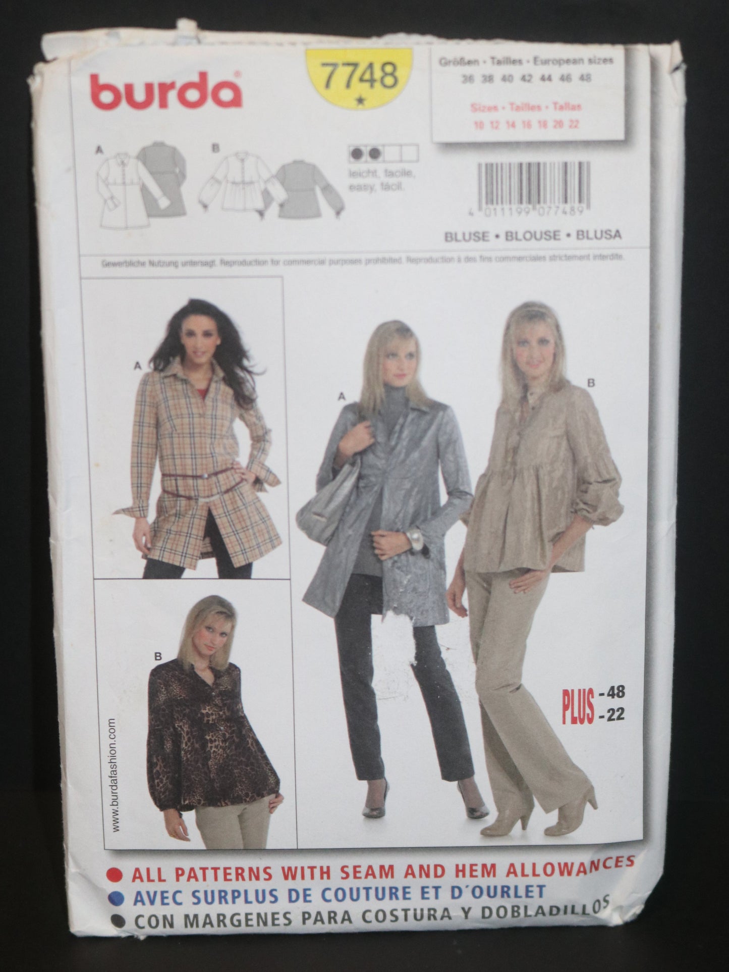 Burda 7748 Misses Blouse Sewing Pattern - UNCUT Size 10 12 14 16 18 20 22