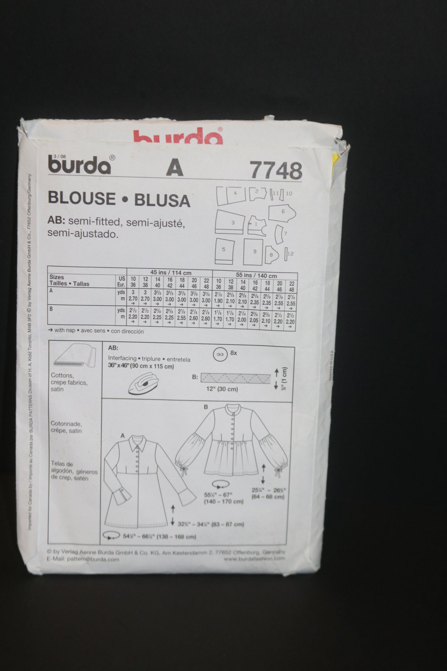 Burda 7748 Misses Blouse Sewing Pattern - UNCUT Size 10 12 14 16 18 20 22