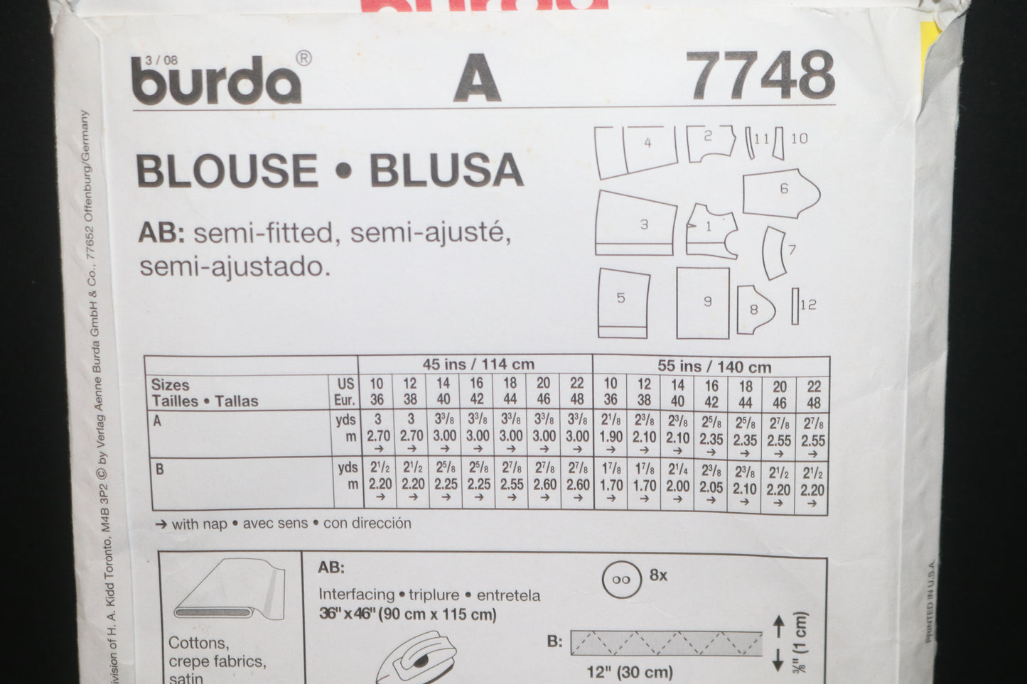 Burda 7748 Misses Blouse Sewing Pattern - UNCUT Size 10 12 14 16 18 20 22