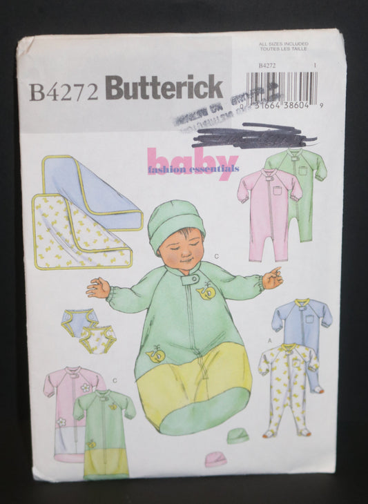 Butterick 4272 Infants Jumpsuit Bunting Blanket Hat and Diaper Cover Sewing Pattern - UNCUT - Size NB Sml Med Lrg