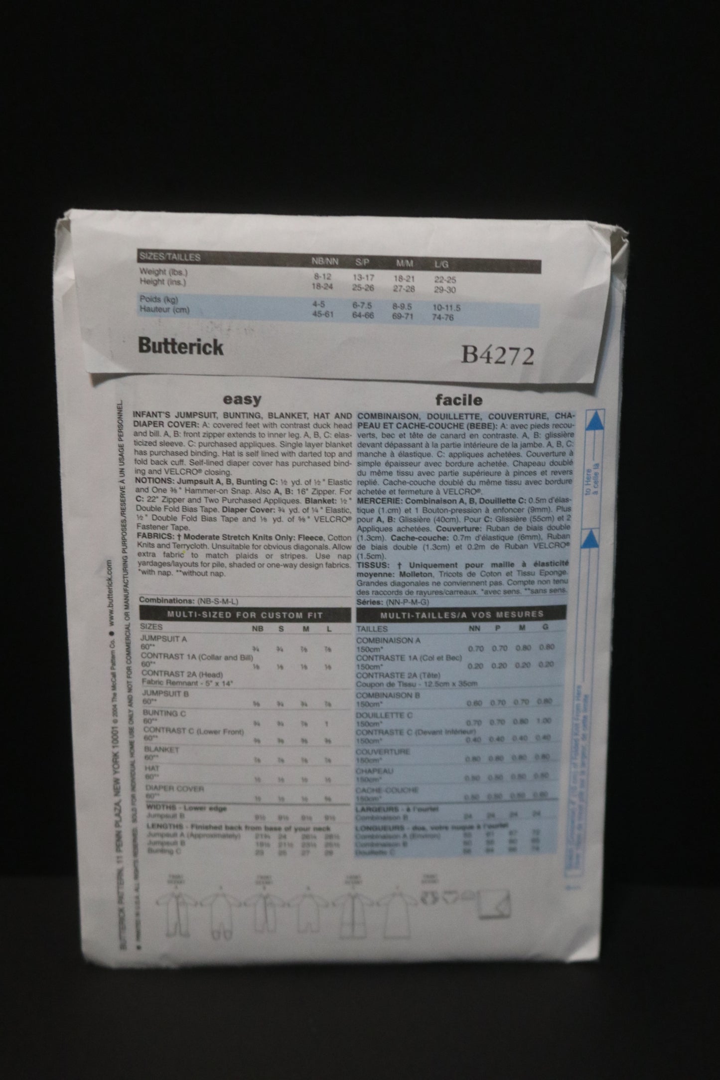 Butterick 4272 Infants Jumpsuit Bunting Blanket Hat and Diaper Cover Sewing Pattern - UNCUT - Size NB Sml Med Lrg