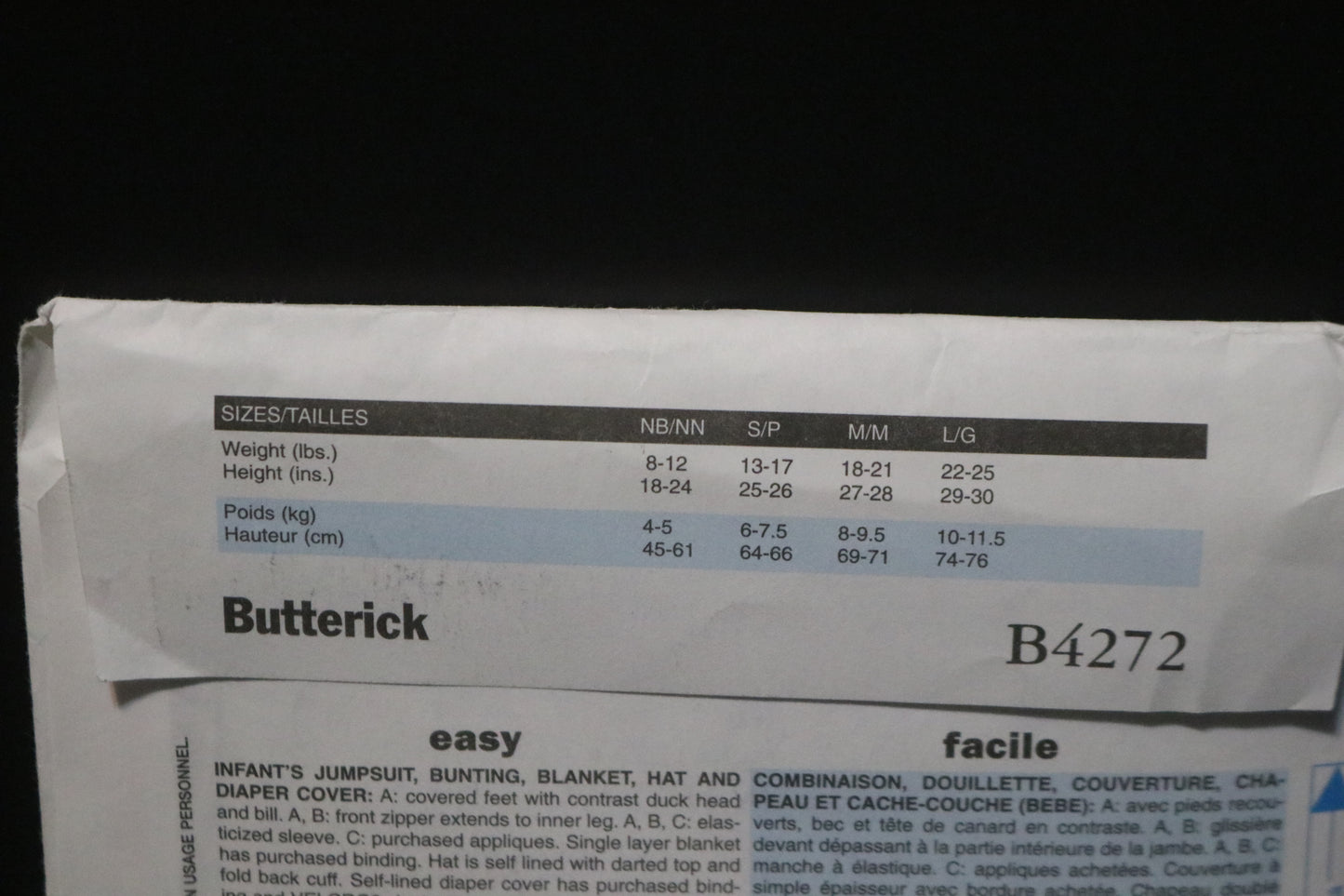 Butterick 4272 Infants Jumpsuit Bunting Blanket Hat and Diaper Cover Sewing Pattern - UNCUT - Size NB Sml Med Lrg