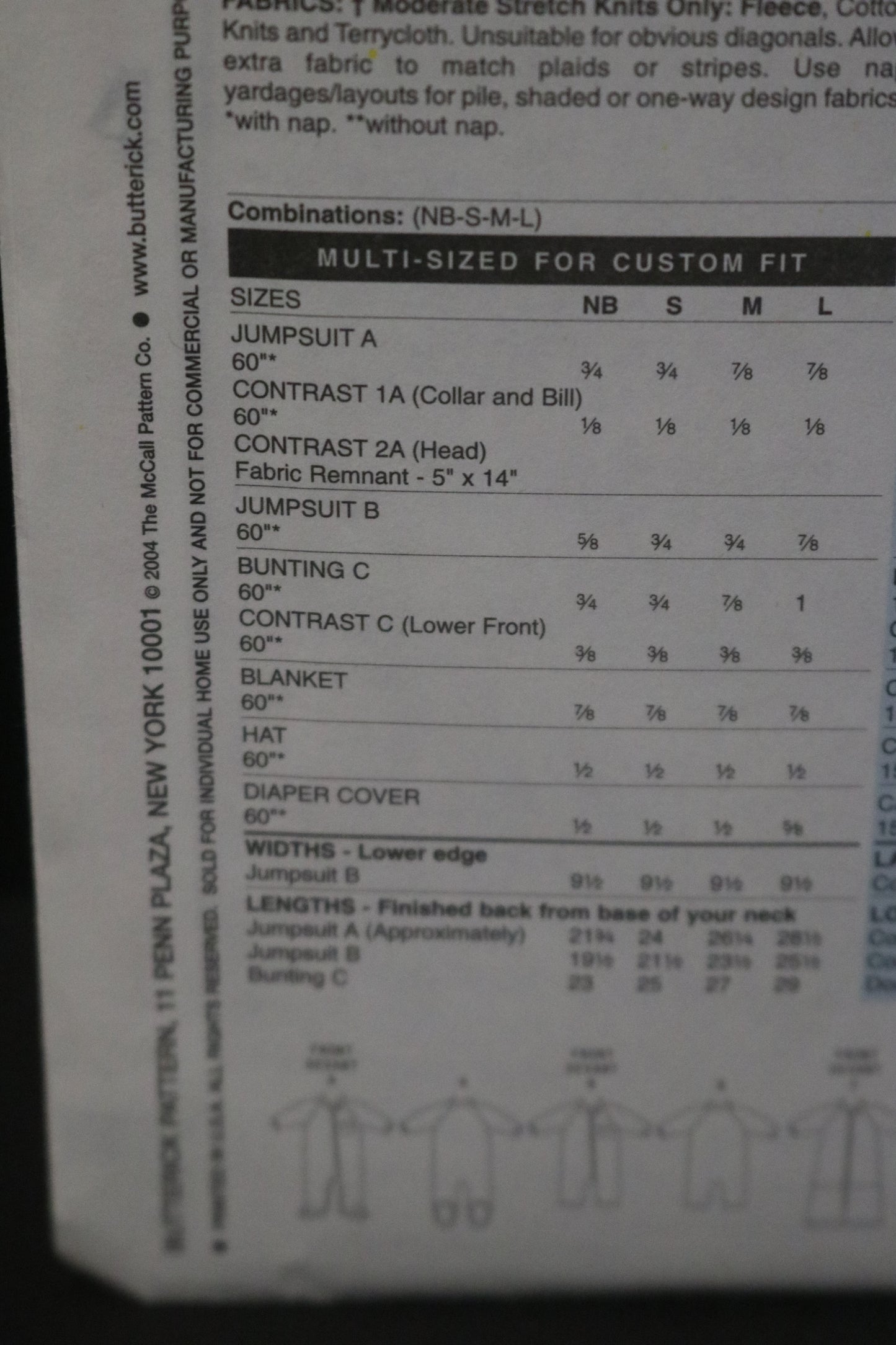 Butterick 4272 Infants Jumpsuit Bunting Blanket Hat and Diaper Cover Sewing Pattern - UNCUT - Size NB Sml Med Lrg