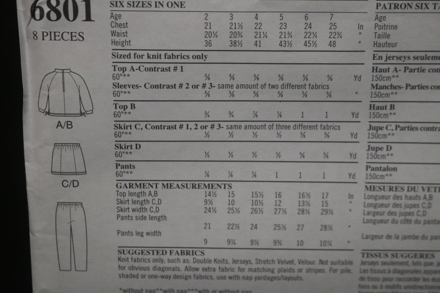 New Look 6801 CHildrens Girls Top Pants and Skirt Sewing Pattern UNCUT Size 2 - 7