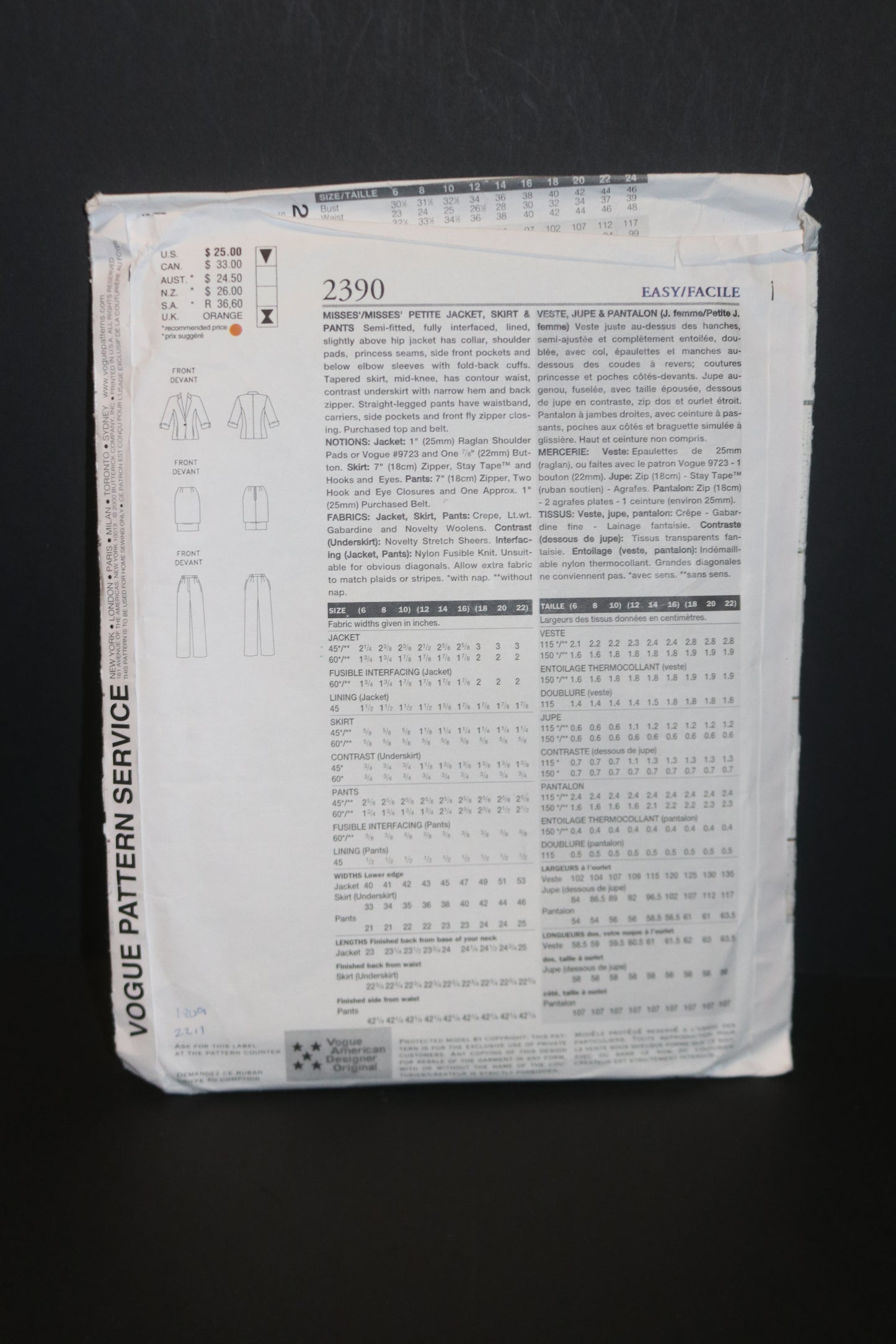 Vogue 2390 Anne Klein Misses / Misses Petite Jacket Skirt and Pants Sewing Pattern - UNCUT - Size 12 14 16
