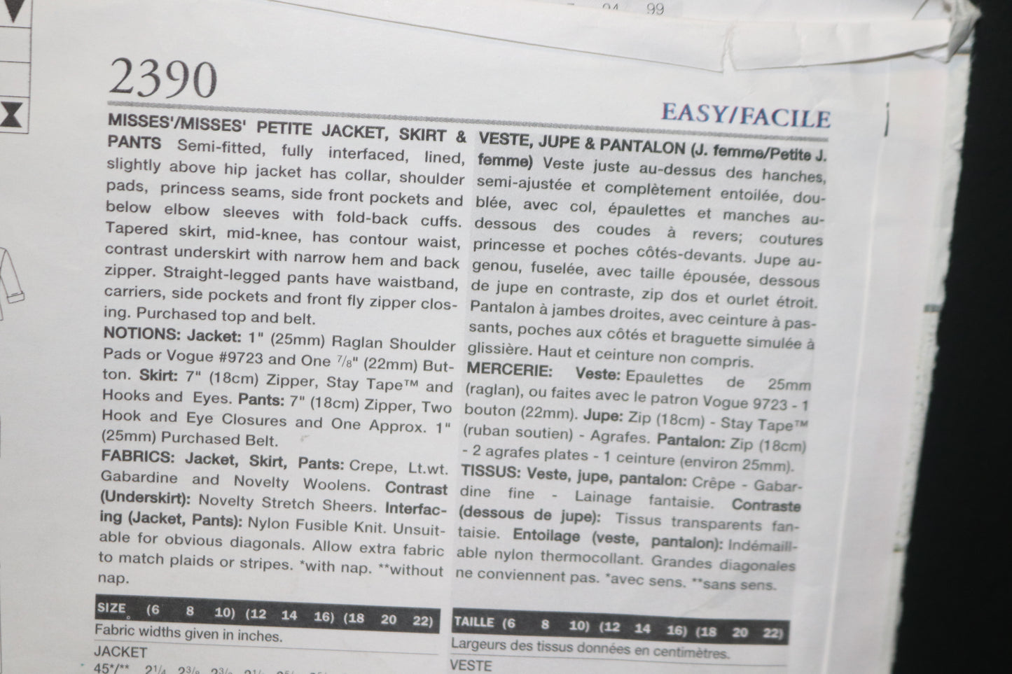 Vogue 2390 Anne Klein Misses / Misses Petite Jacket Skirt and Pants Sewing Pattern - UNCUT - Size 12 14 16