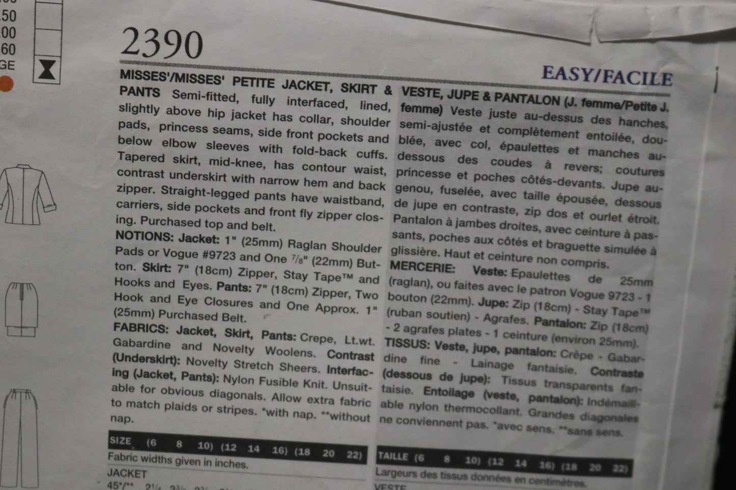 Vogue 2390 Anne Klein Misses / Misses Petite Jacket Skirt and Pants Sewing Pattern - UNCUT - Size 12 14 16