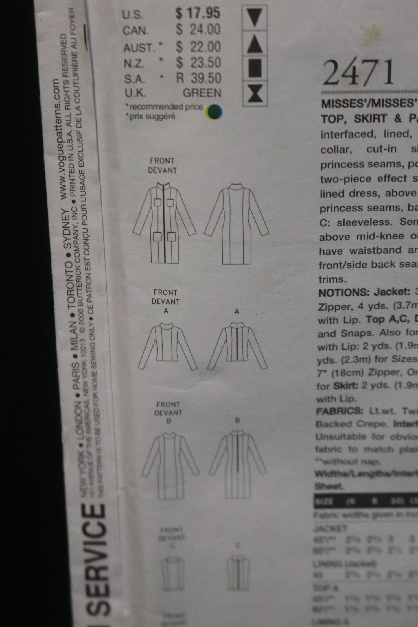 Vogue 2471 Misses / misses Petite jacket Dress Top Skirt and Pants Sewing Pattern - UNCUT - Size 6 8 10