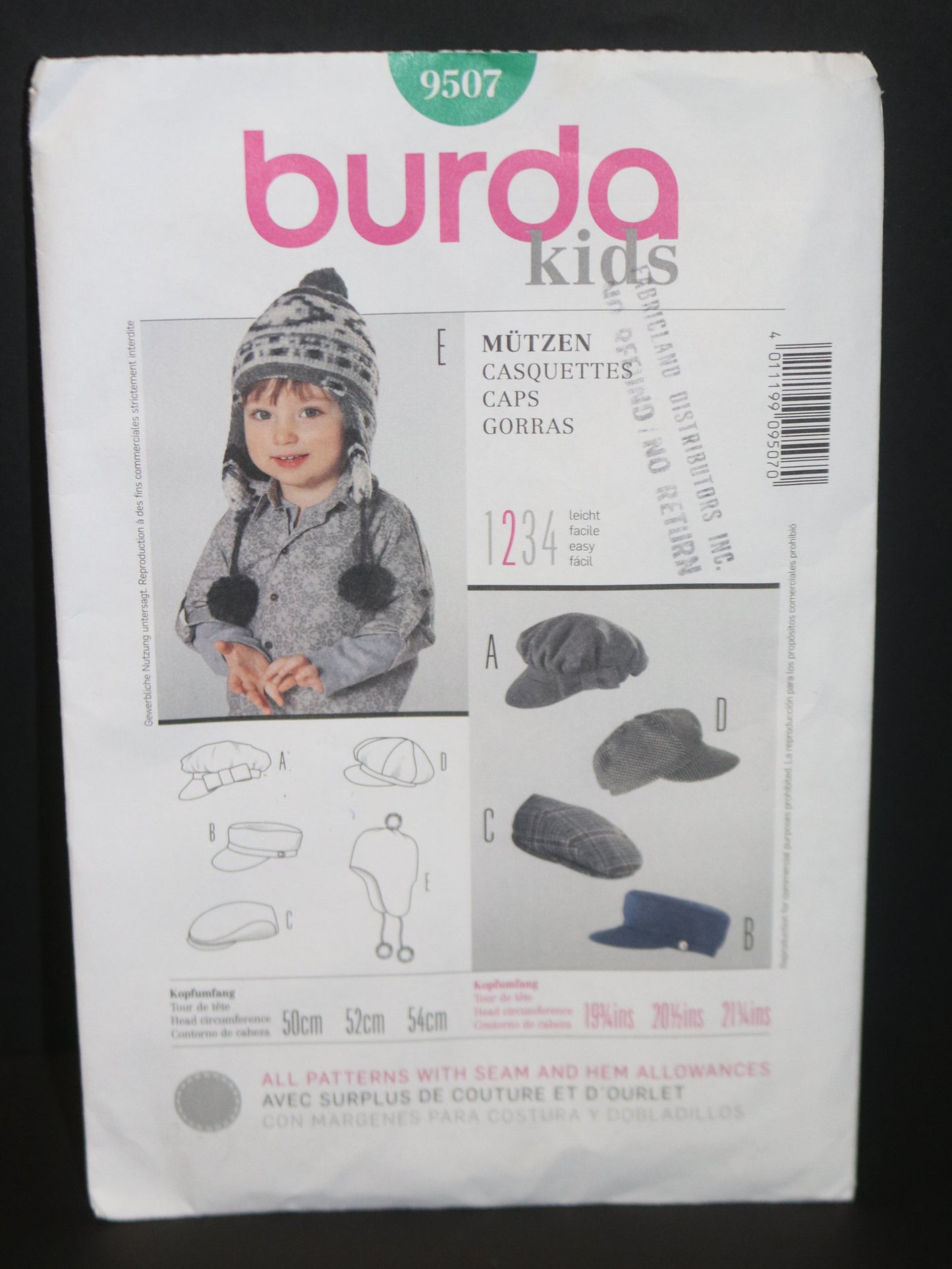 Burda 9507 Kids Caps Sewing Pattern - UNCUT