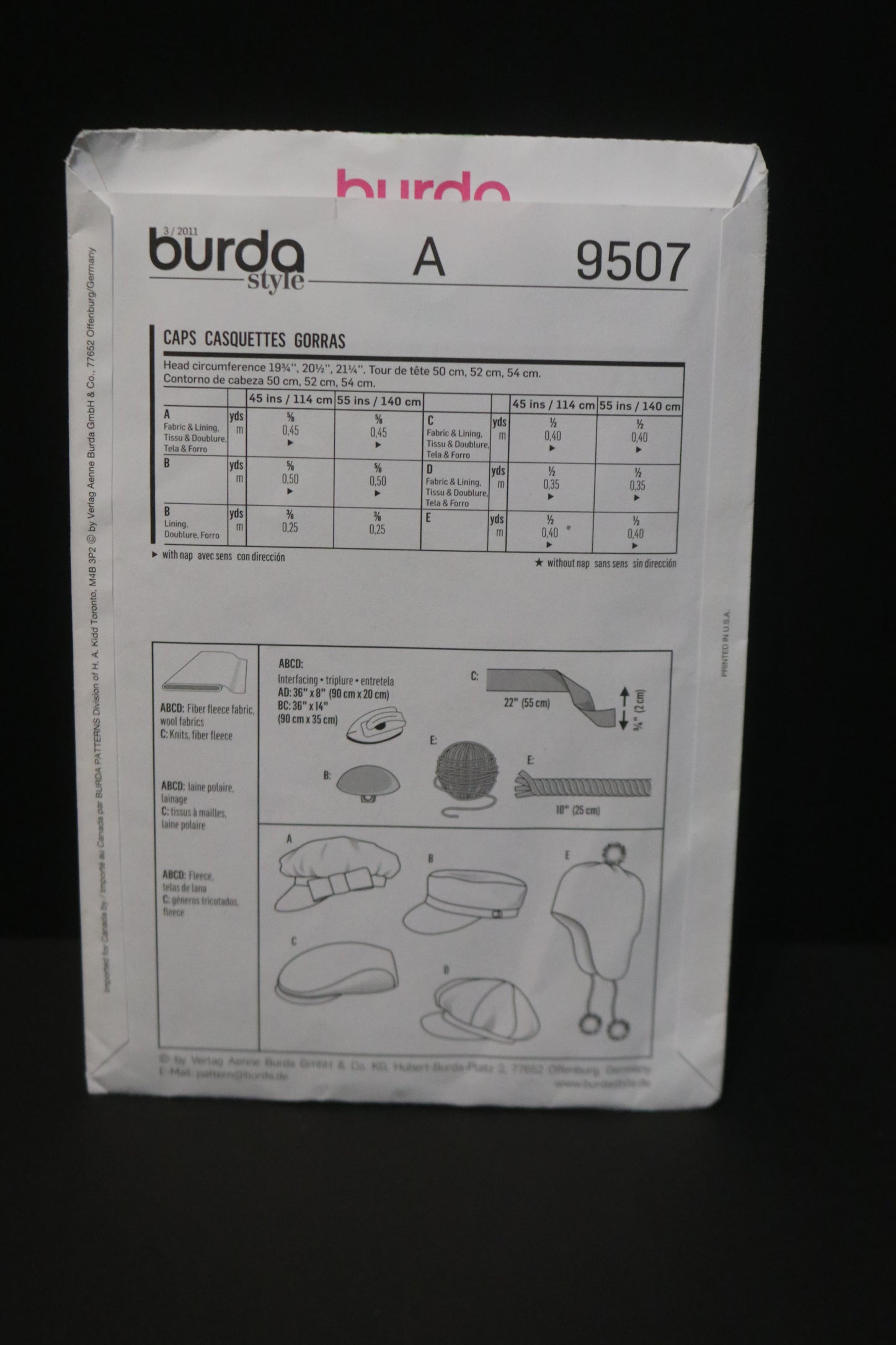 Burda 9507 Kids Caps Sewing Pattern - UNCUT