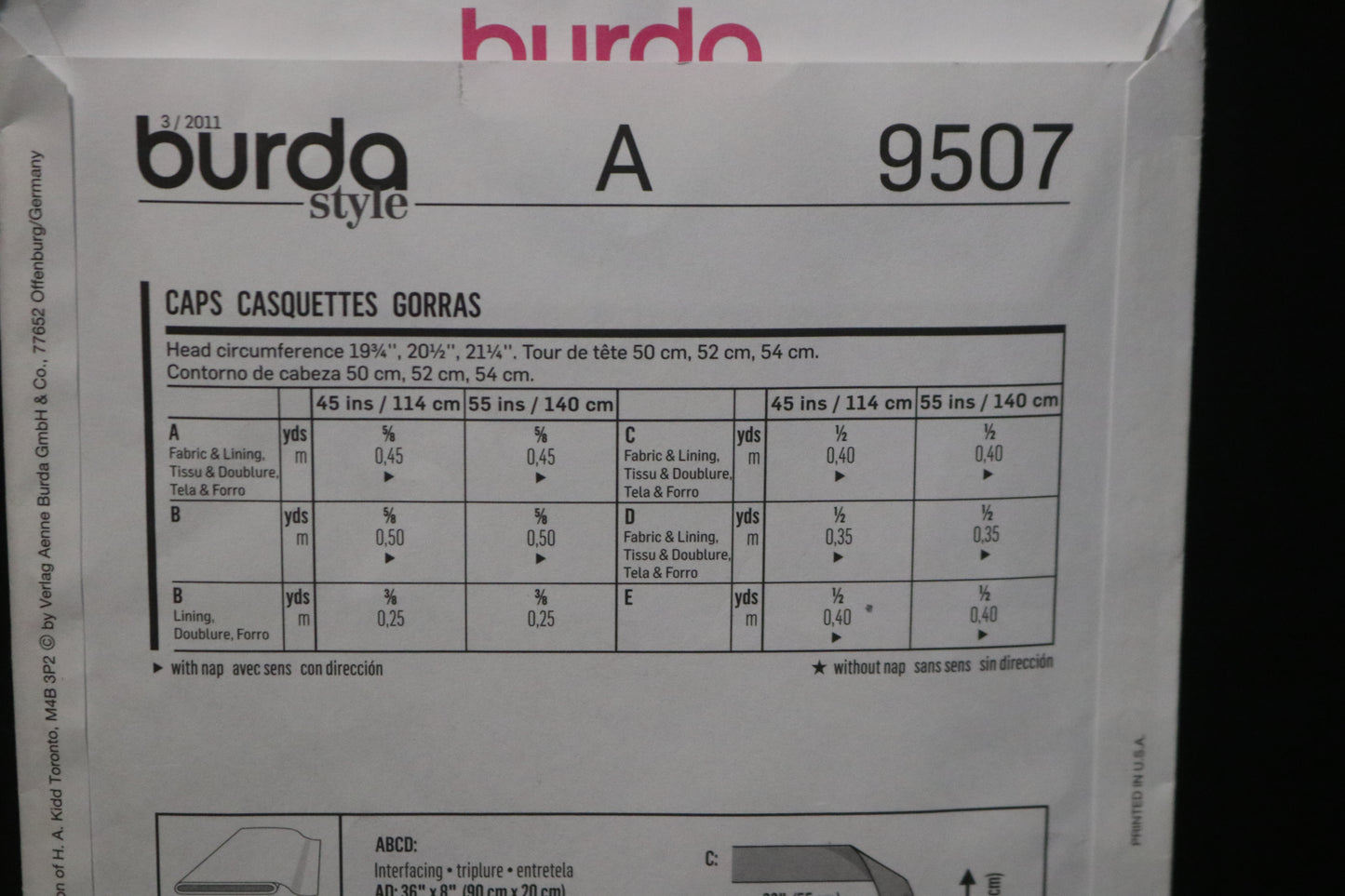 Burda 9507 Kids Caps Sewing Pattern - UNCUT