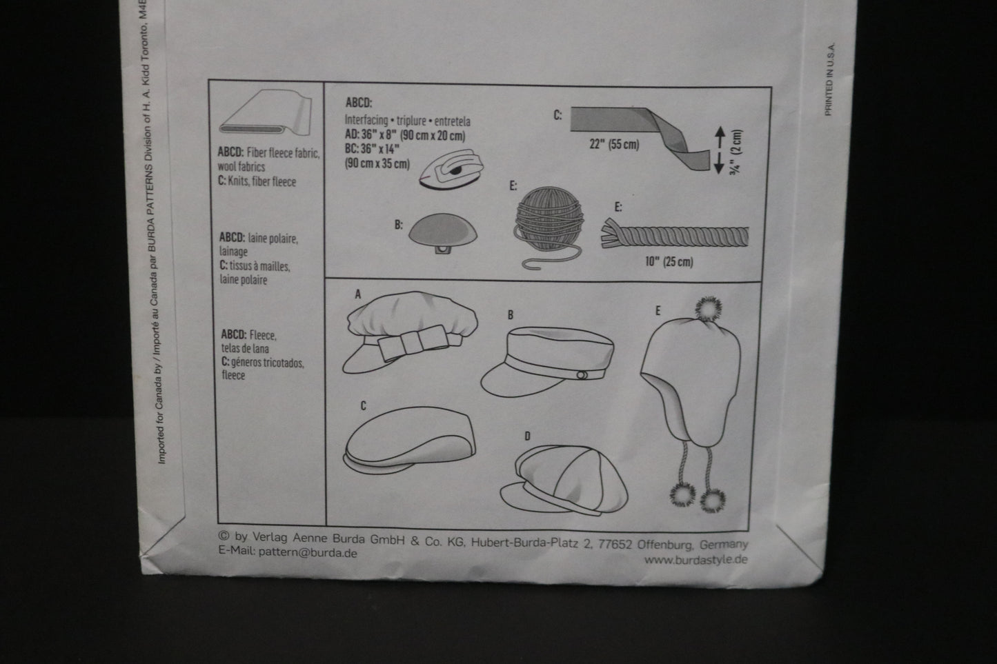 Burda 9507 Kids Caps Sewing Pattern - UNCUT