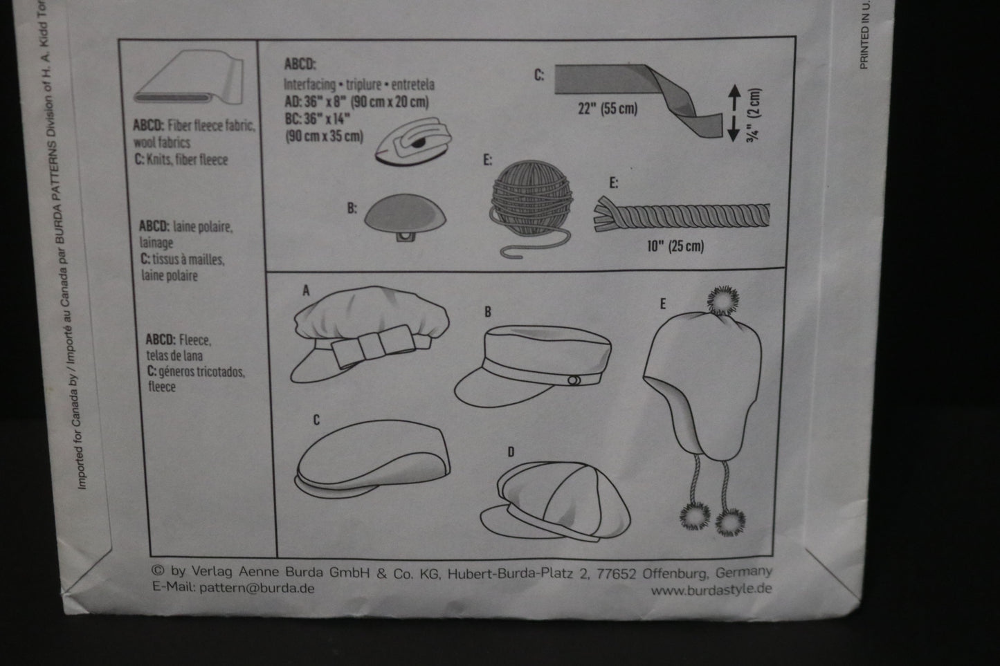 Burda 9507 Kids Caps Sewing Pattern - UNCUT