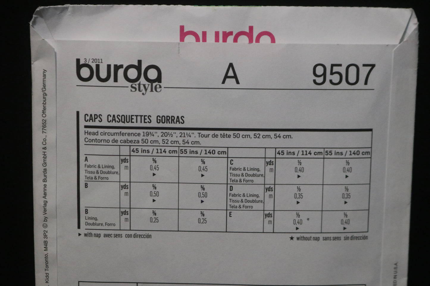 Burda 9507 Kids Caps Sewing Pattern - UNCUT