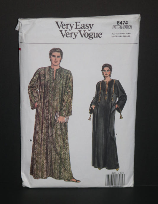 Vogue 8474 Misses Mens Unisex Caftan Sewing Pattern UNCUT - Size XS S M L XL