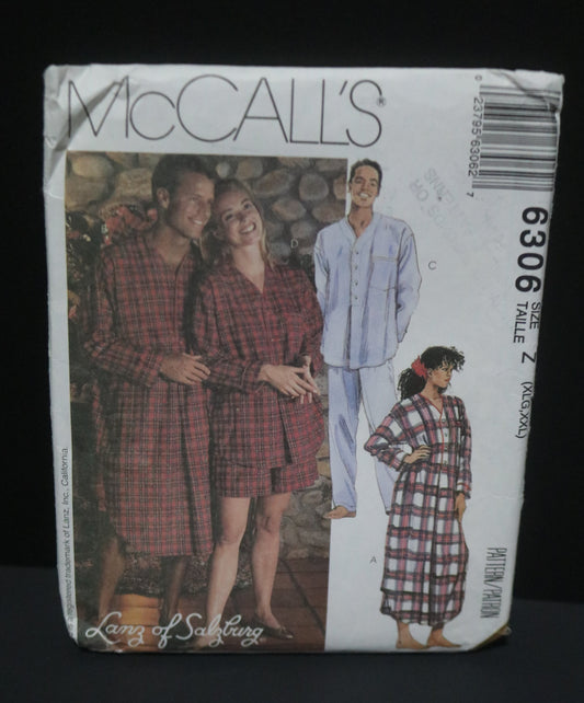 McCalls 6306 Lanz of Salzberg Misses and Mens Nightshirt in Two Lengths and Pajamas in Two Lengths Sewing Pattern UNCUT Size XLG, XXL