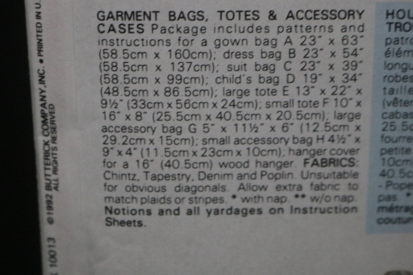 Butterick 6236 Garment Bags Totes and Accessory Case Sewing Pattern - UNCUT