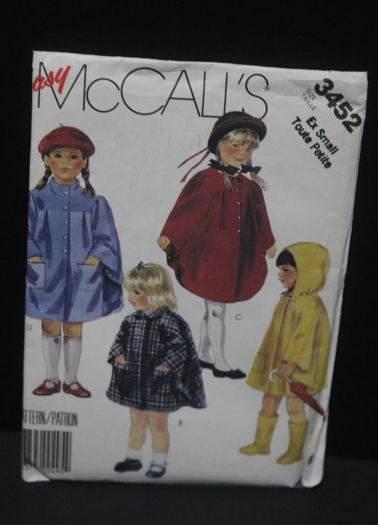 McCalls 3452 Children's or Girls Unlined Capes Sewing Pattern UNCUT Size Ex Small