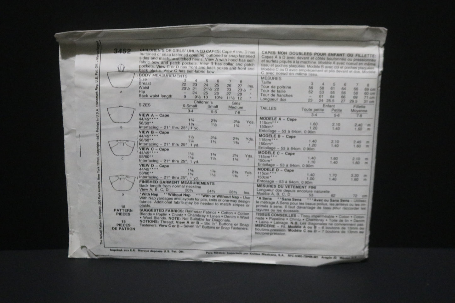 McCalls 3452 Children's or Girls Unlined Capes Sewing Pattern UNCUT Size Ex Small