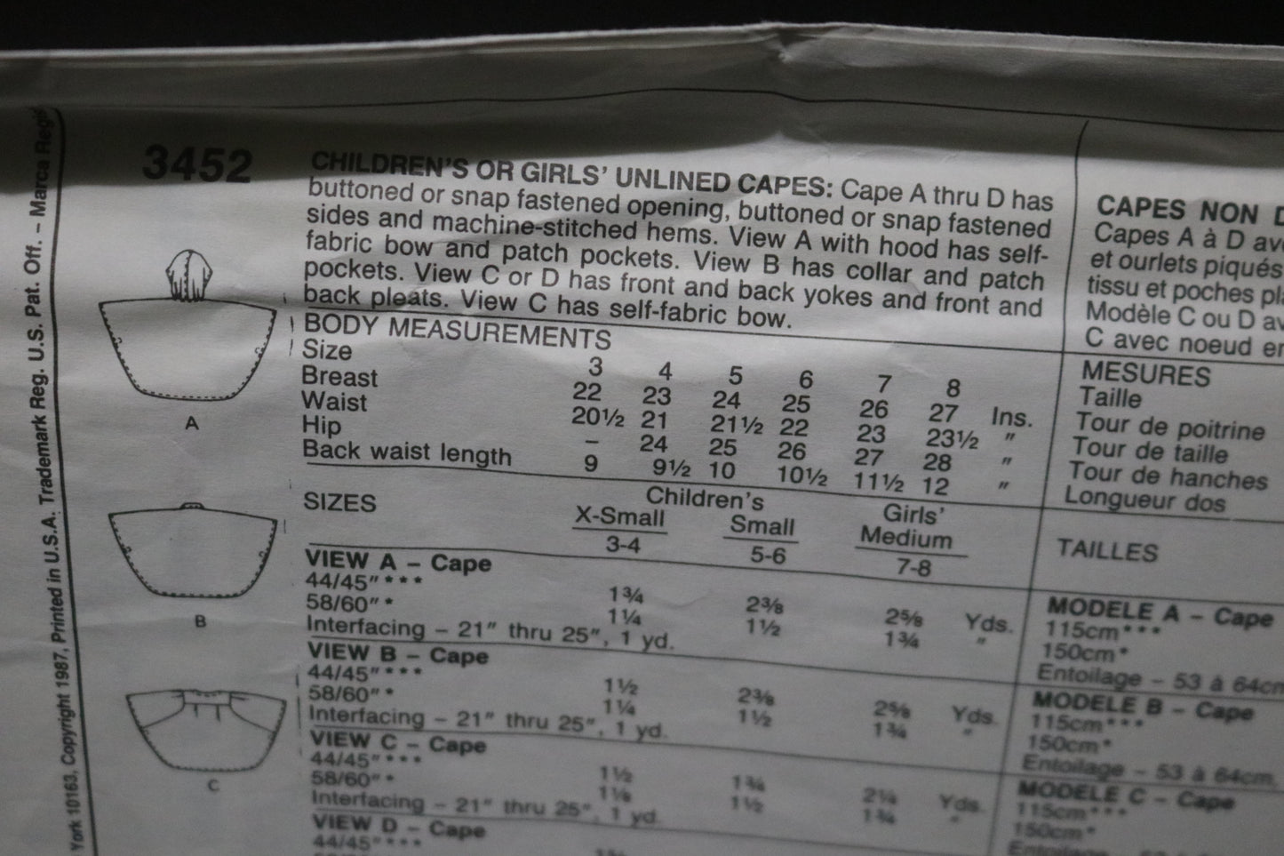 McCalls 3452 Children's or Girls Unlined Capes Sewing Pattern UNCUT Size Ex Small