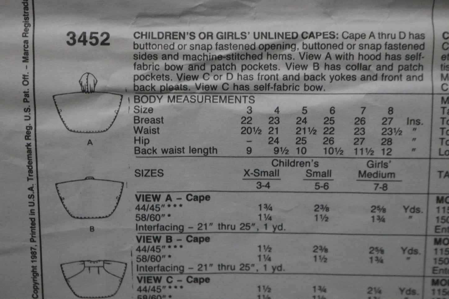 McCalls 3452 Children's or Girls Unlined Capes Sewing Pattern UNCUT Size Ex Small