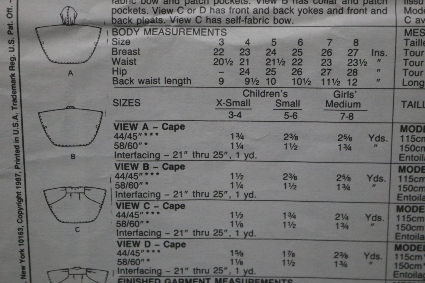 McCalls 3452 Children's or Girls Unlined Capes Sewing Pattern UNCUT Size Ex Small