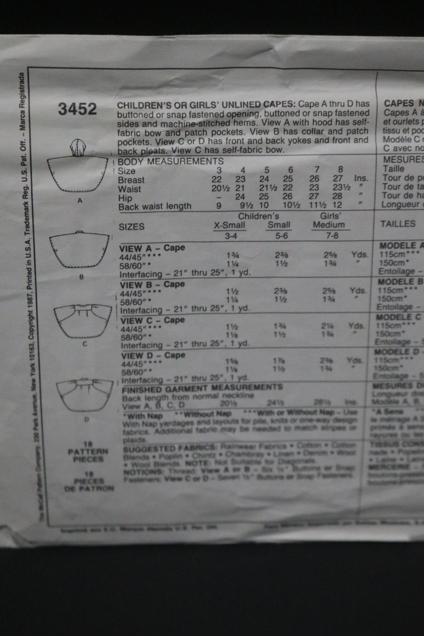 McCalls 3452 Children's or Girls Unlined Capes Sewing Pattern UNCUT Size Ex Small