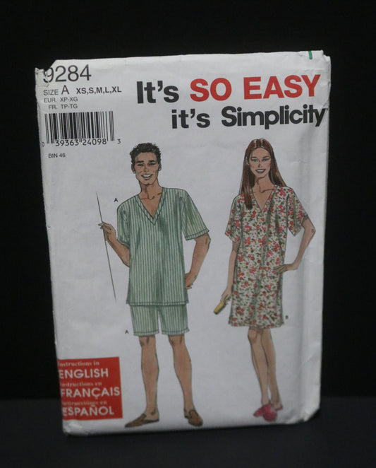 Simplicity 9284  Misses Mens and Teens Sleepwear Sewing Pattern - UNCUT - Size Xs S M L XL