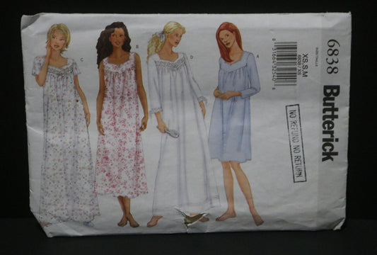 Butterick 6838 Misses / Misses Petite Nightgown Sewing Pattern UNCUT Size XS S M