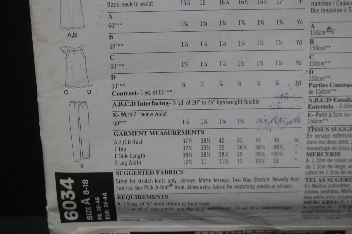 New Look 6034 Misses Knit Tunic or Top and Pants Sewing Pattern - UNCUT - Size 8 - 18