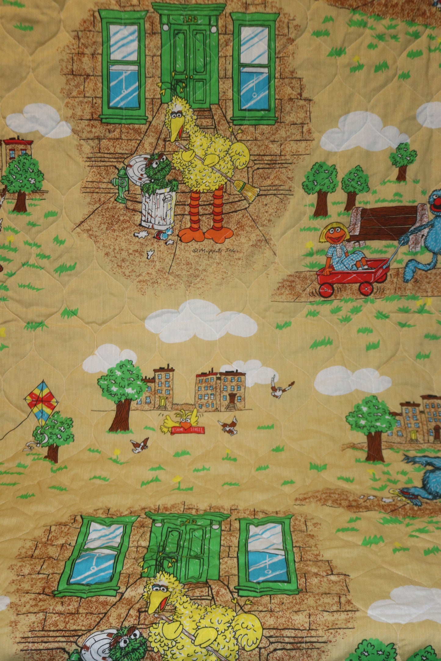 4+ Yards Vintage Rare Sesame Street Quilted Fabric with Big Bird, Bert and Ernie, Cookie Monster, Oscar the ground and Grover.