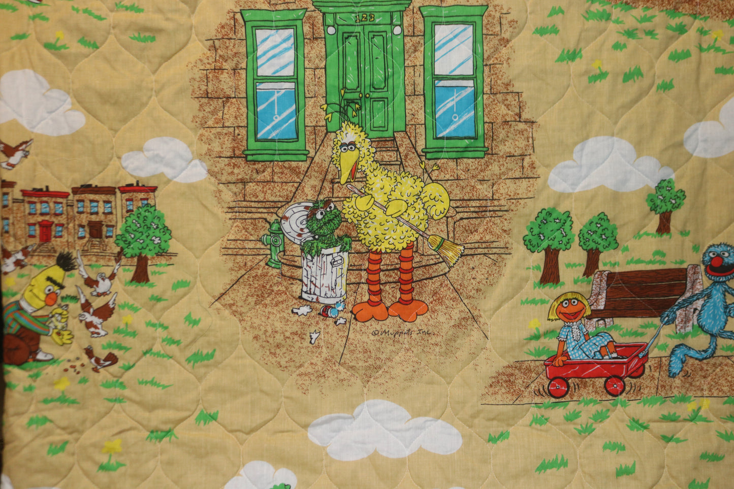 4+ Yards Vintage Rare Sesame Street Quilted Fabric with Big Bird, Bert and Ernie, Cookie Monster, Oscar the ground and Grover.