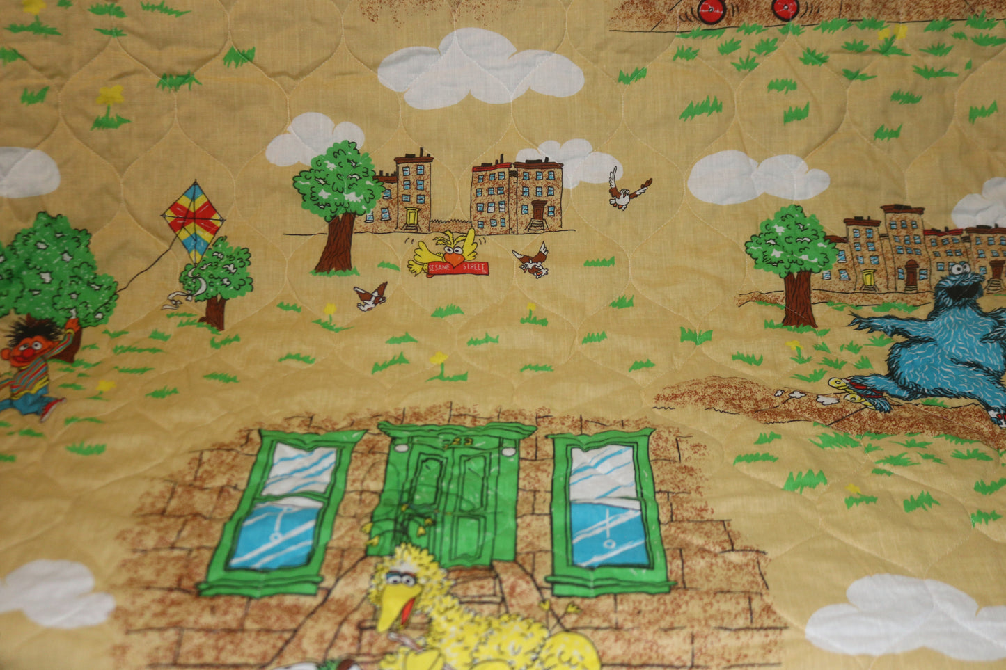 4+ Yards Vintage Rare Sesame Street Quilted Fabric with Big Bird, Bert and Ernie, Cookie Monster, Oscar the ground and Grover.