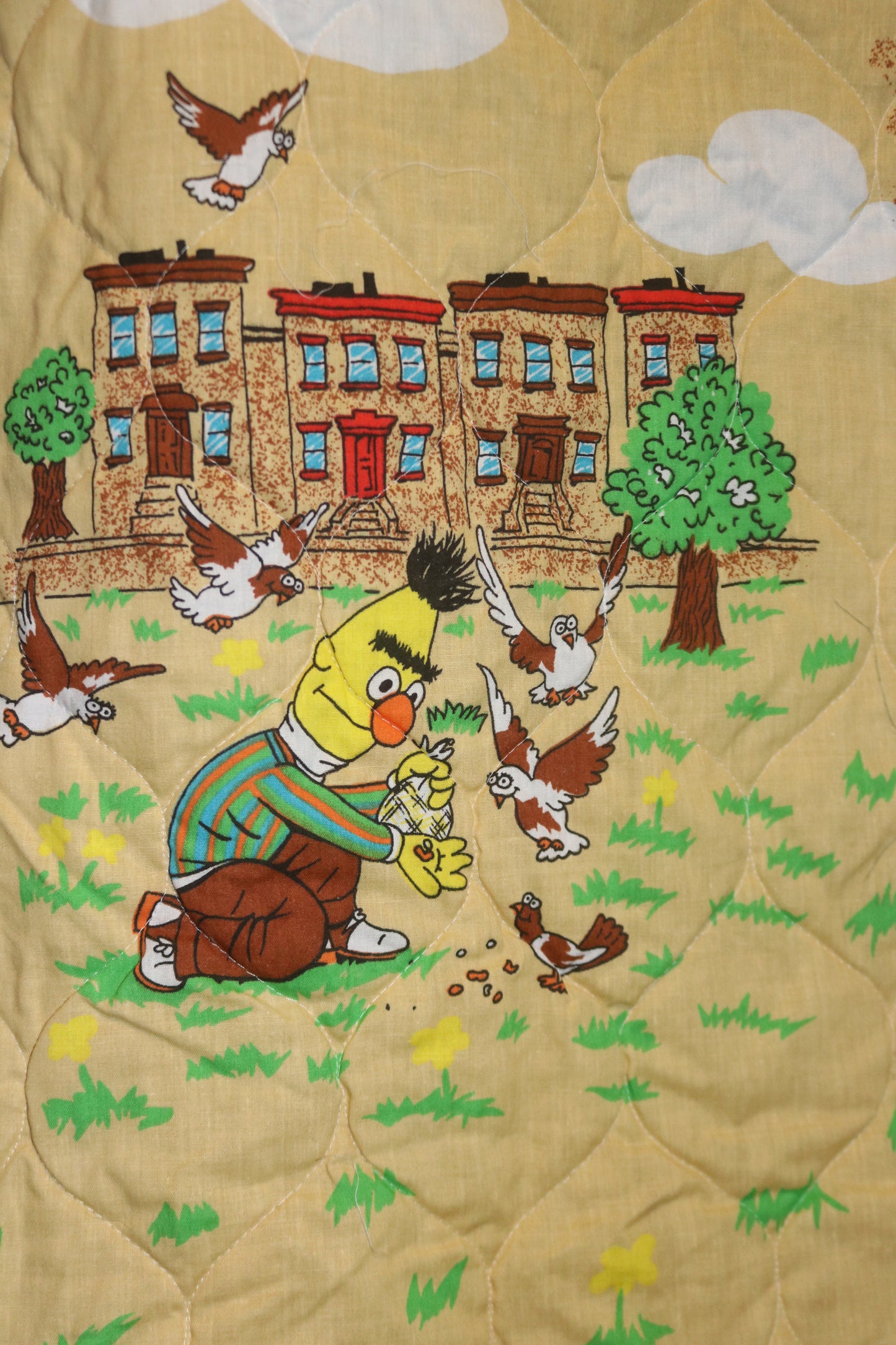 4+ Yards Vintage Rare Sesame Street Quilted Fabric with Big Bird, Bert and Ernie, Cookie Monster, Oscar the ground and Grover.