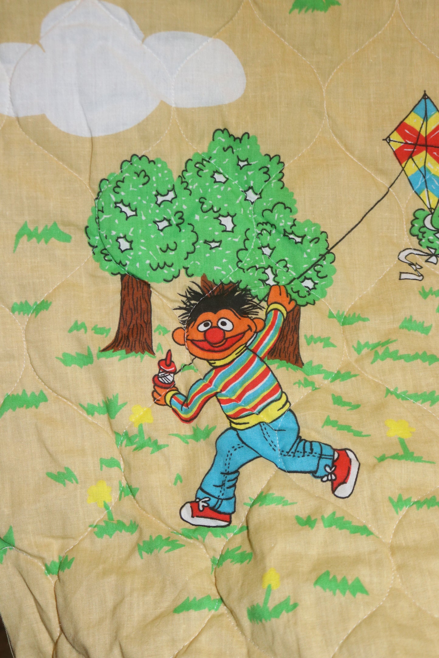 4+ Yards Vintage Rare Sesame Street Quilted Fabric with Big Bird, Bert and Ernie, Cookie Monster, Oscar the ground and Grover.