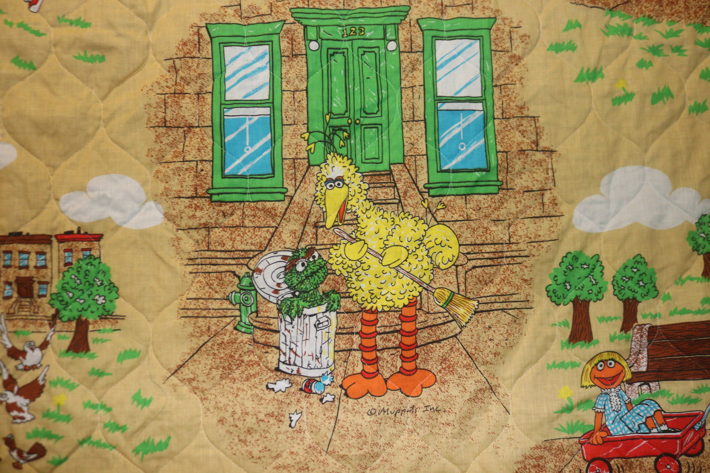 4+ Yards Vintage Rare Sesame Street Quilted Fabric with Big Bird, Bert and Ernie, Cookie Monster, Oscar the ground and Grover.