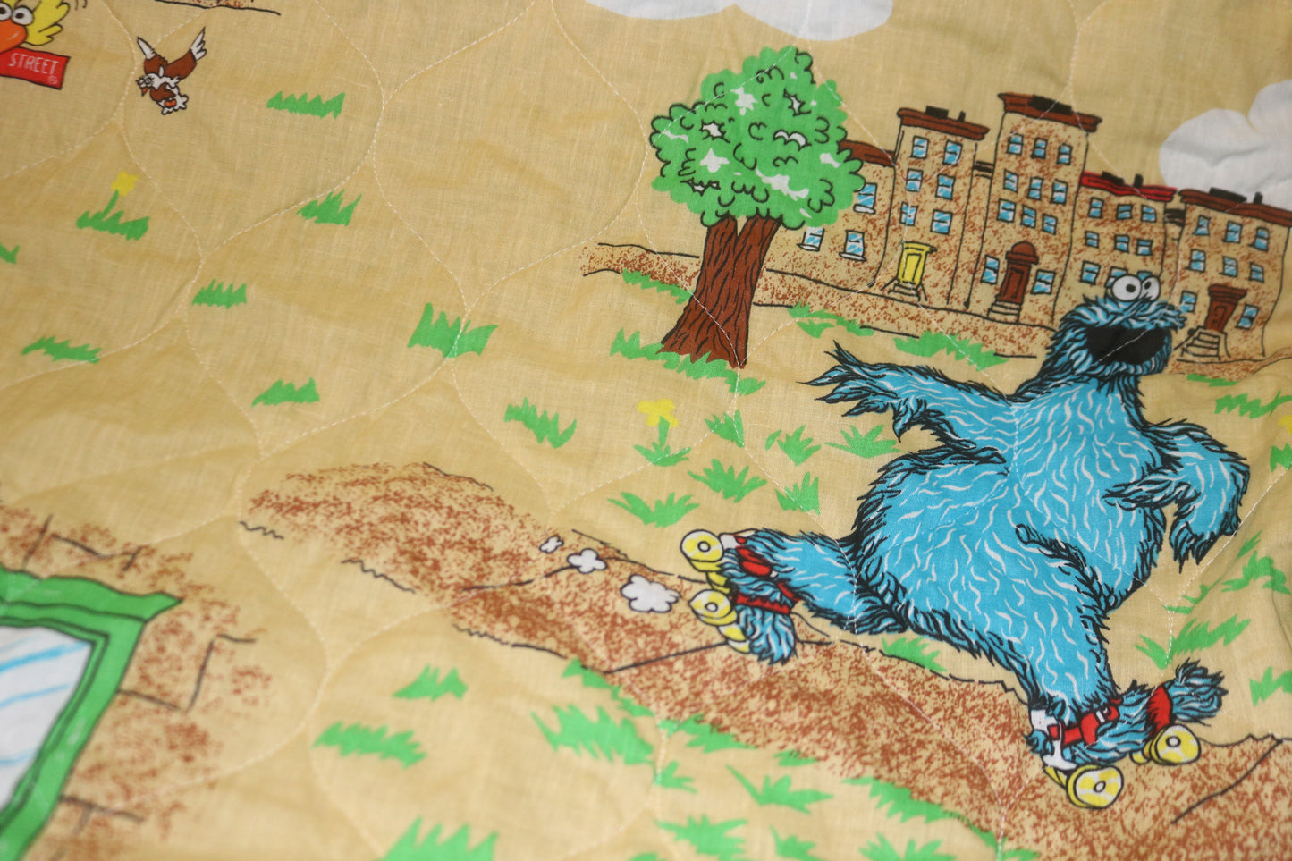 4+ Yards Vintage Rare Sesame Street Quilted Fabric with Big Bird, Bert and Ernie, Cookie Monster, Oscar the ground and Grover.