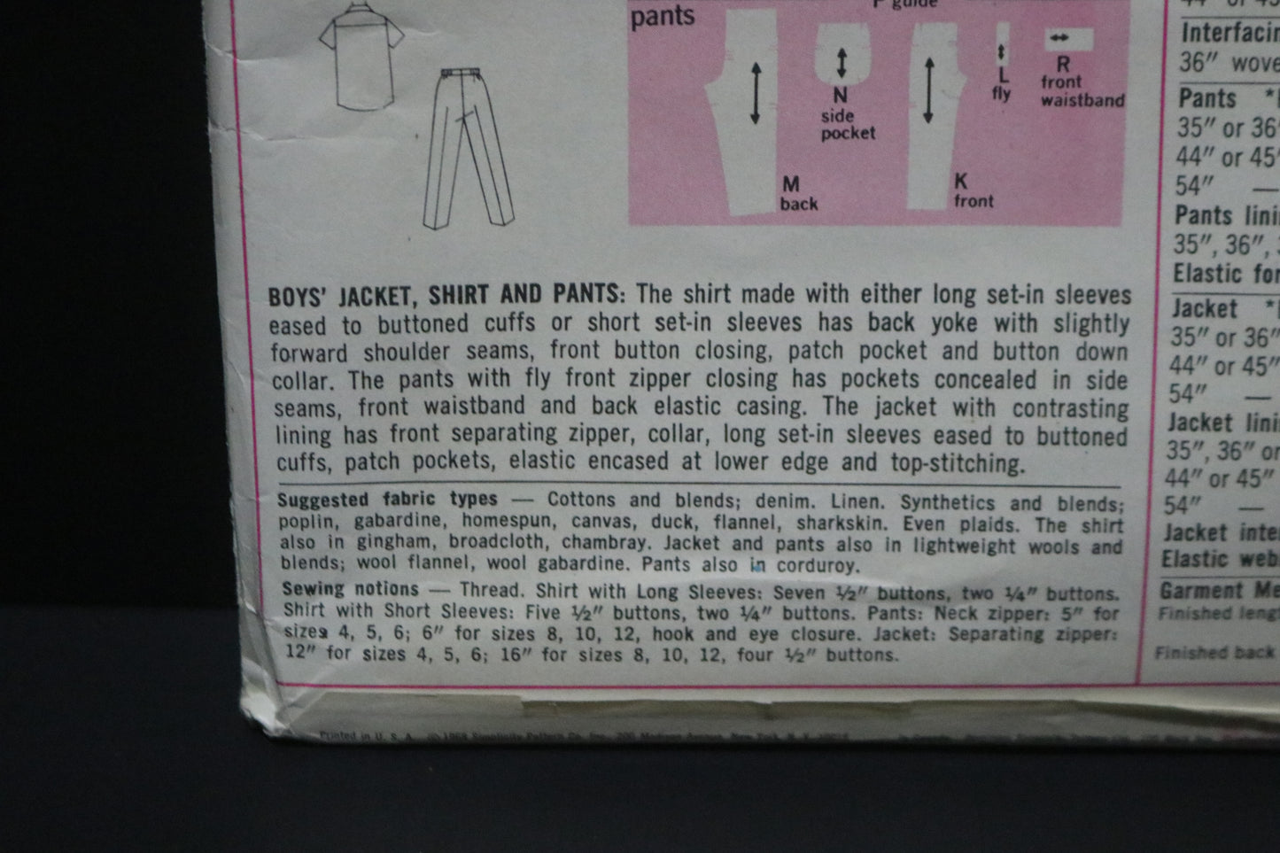 Simplicity 7840 Boys jacket Shirt and Pants Sewing Pattern UNCUT Size  8 Chest 26