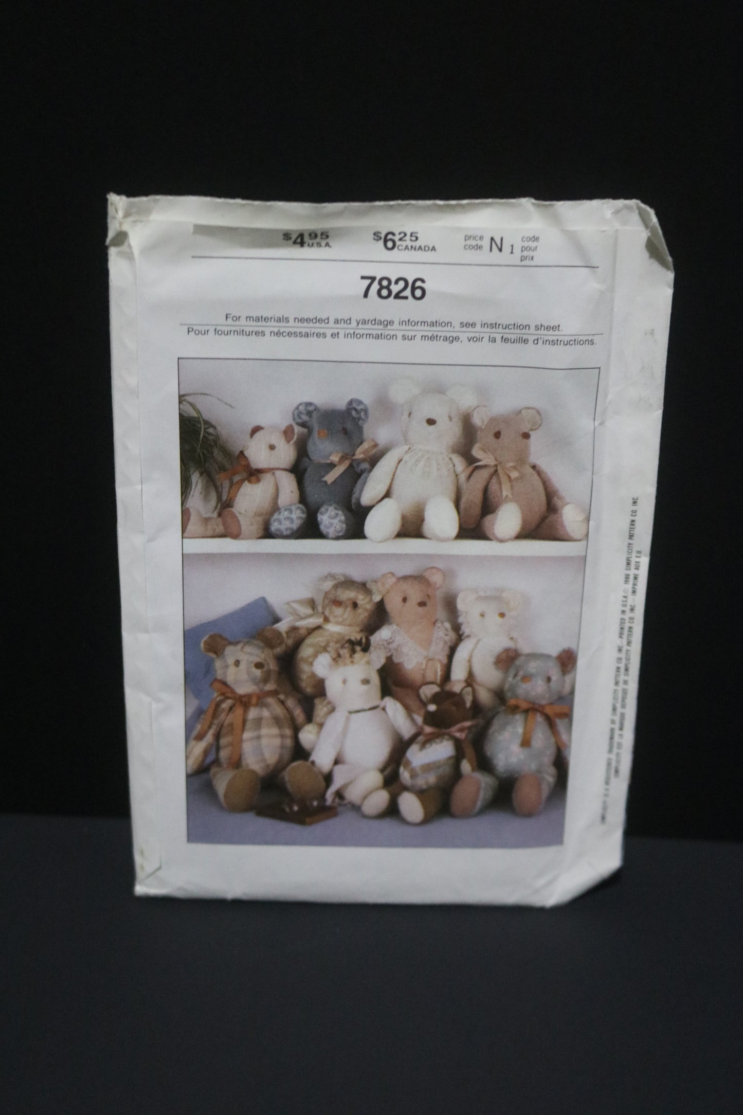 Simplicity 7826 Stuffed Bears in Three Sizes Sewing Pattern UNCUT -