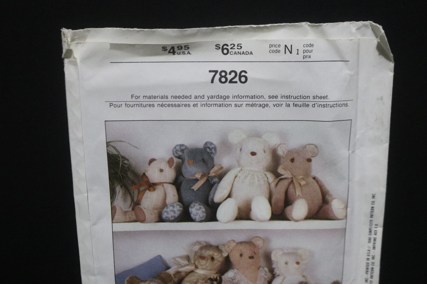 Simplicity 7826 Stuffed Bears in Three Sizes Sewing Pattern UNCUT -