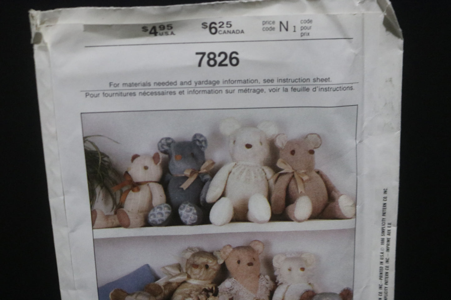 Simplicity 7826 Stuffed Bears in Three Sizes Sewing Pattern UNCUT -