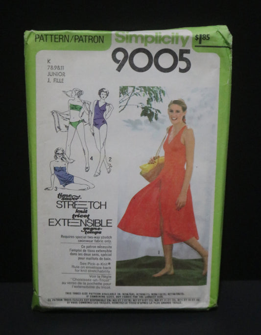 70s Simplicity 9005 Junior Swimsuits, Bikini and Front Wrap Skirt… a Time-Saver Stretch-Knit PatternSewing Pattern  UNCUT Size 7 9 11