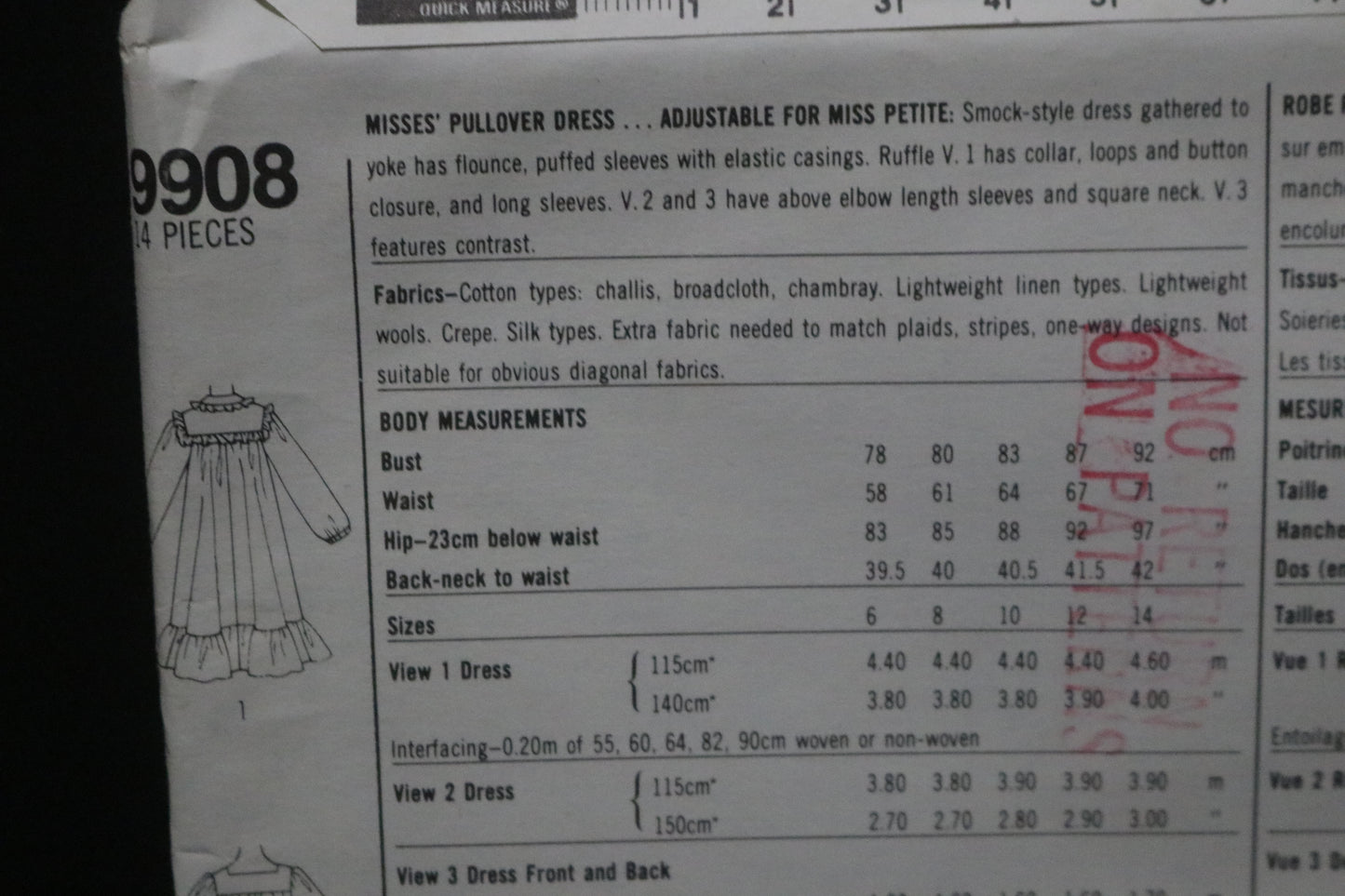 Simplicity 9908  Misses Pullover Dress Sewing Pattern  UNCUT Size 12