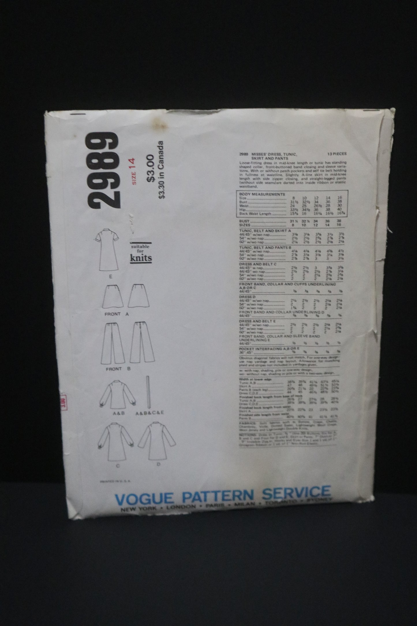 Vogue 2989 Basic Design Misses Dress Tunic Skirt and Pants Sewing Pattern - UNCUT - Size 14