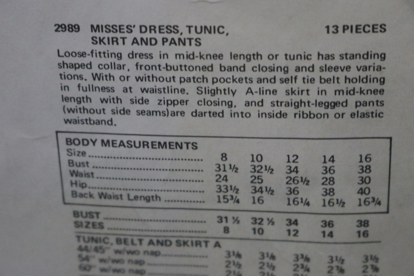 Vogue 2989 Basic Design Misses Dress Tunic Skirt and Pants Sewing Pattern - UNCUT - Size 14